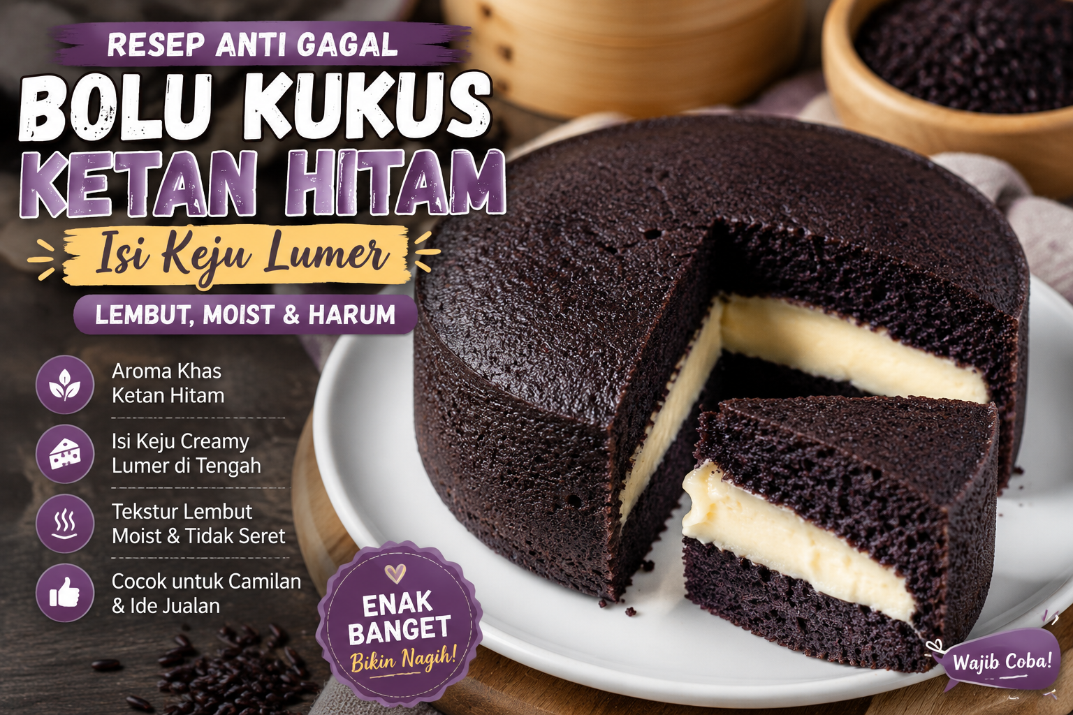 Resep Bolu Kukus Ketan Hitam Isi Keju Anti Gagal, Lembut, Moist dan Lumer di Tengah